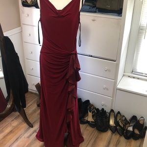 Red formal dress with side slit.